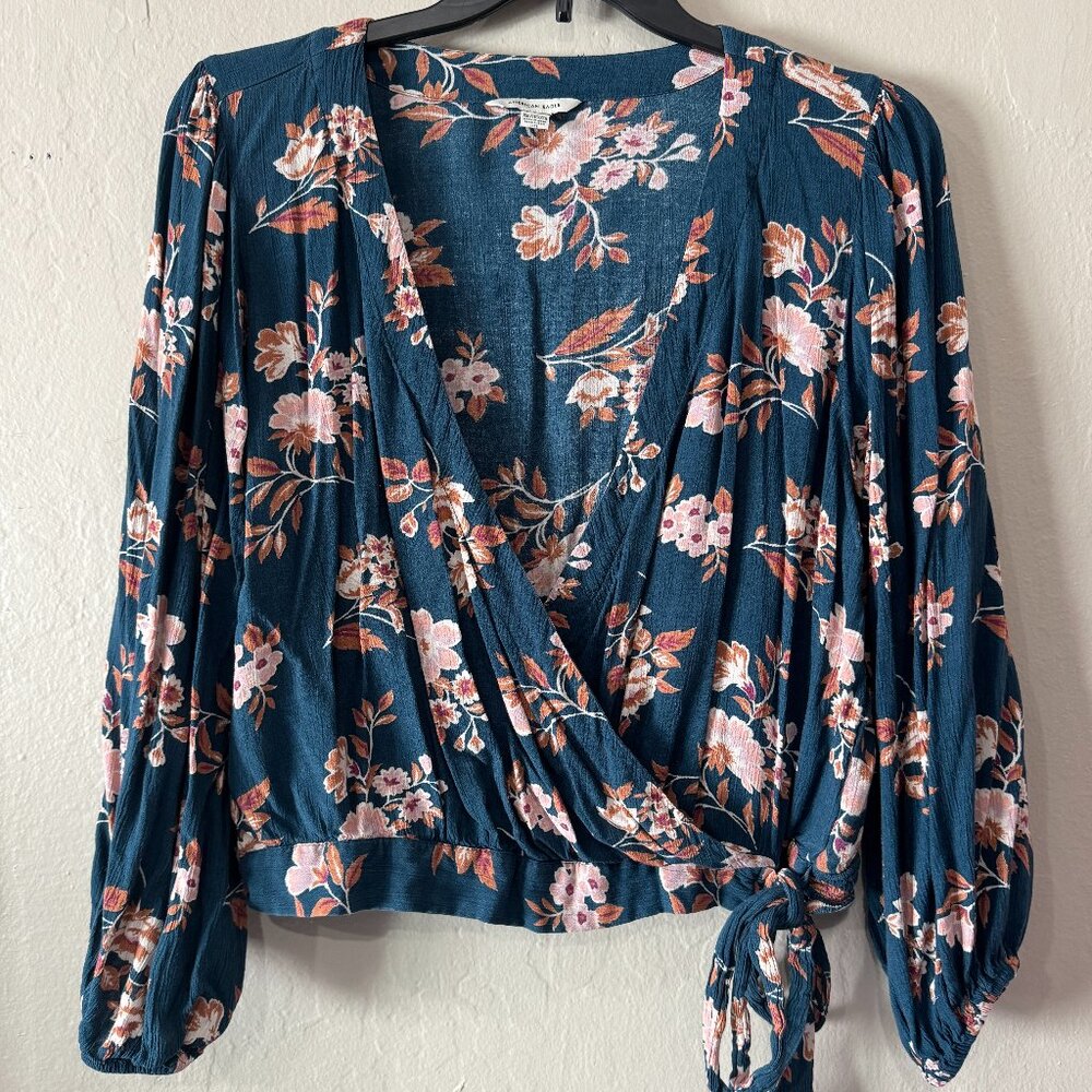 American Eagle Outfitters Teal Floral Wrap Blouse